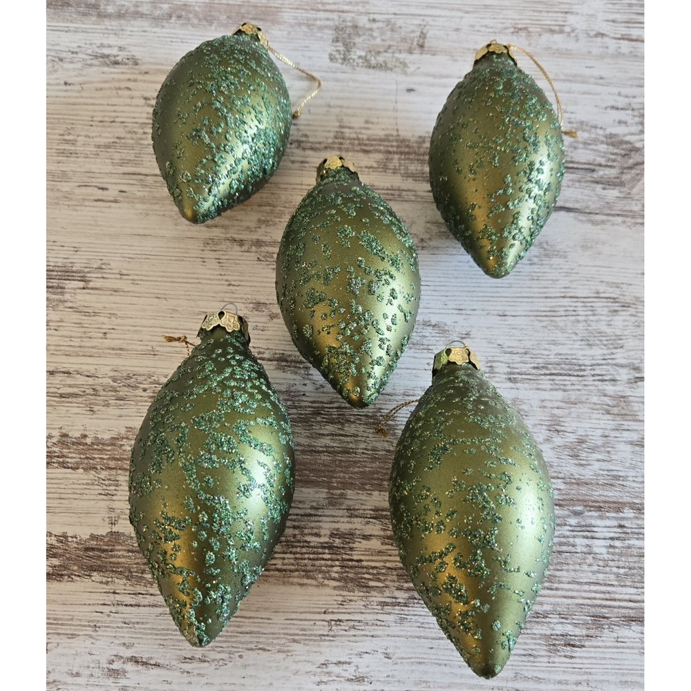 Set of 5 Vintage Style Green Glitter Pinecone Christmas Ornaments Glass Textured